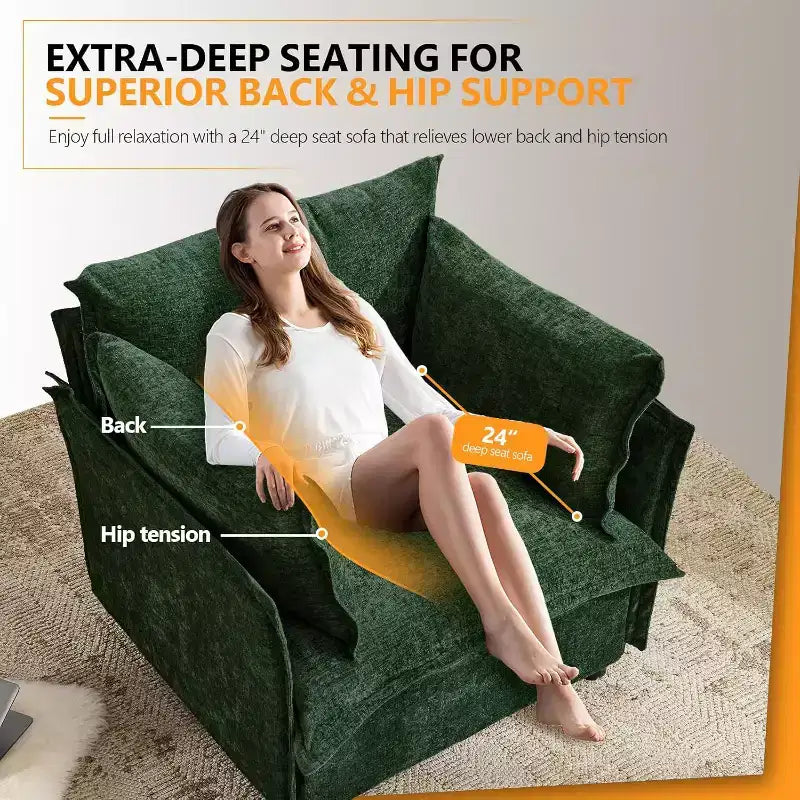 VINGLI Accent Chairs , Green 34 Width Oversized Reading Chair Upholstered Armchair Soft Chenille Fabric Living Room Chairs Sofa