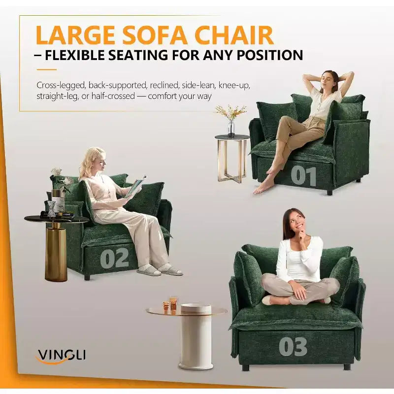 VINGLI Accent Chairs , Green 34 Width Oversized Reading Chair Upholstered Armchair Soft Chenille Fabric Living Room Chairs Sofa