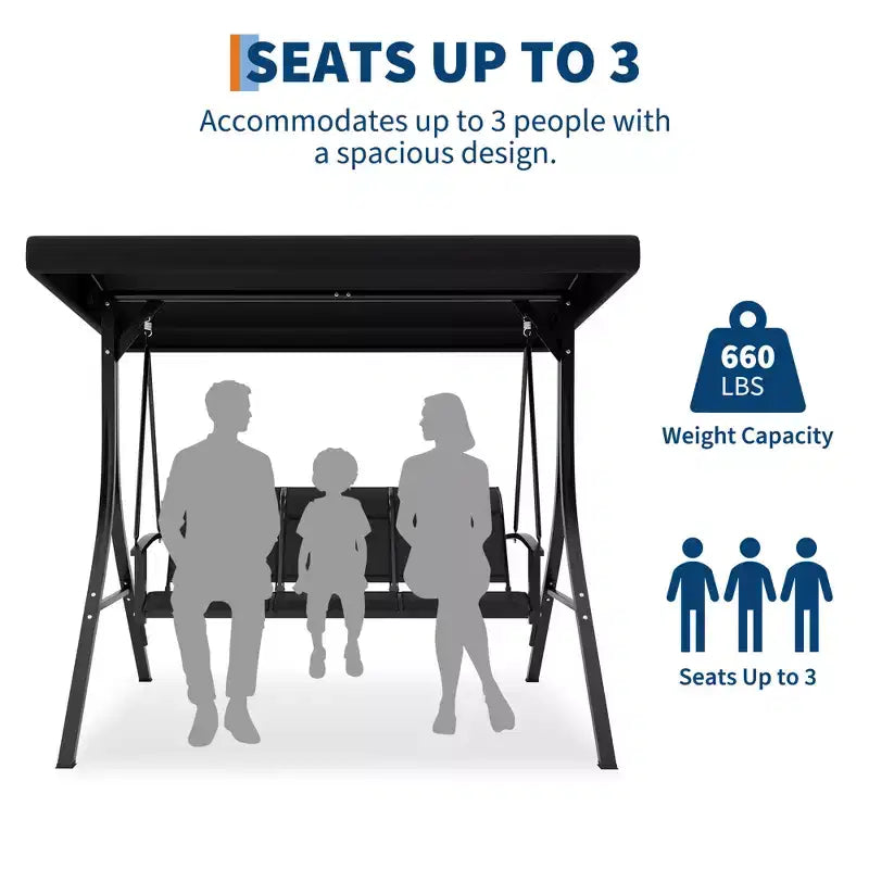 Outdoor Swing Chair with Adjustable Canopy, 3-Person Outdoor Patio SwingChair with Adjustable Tilt Shade, Porch Swing 3 Seater with Canopy