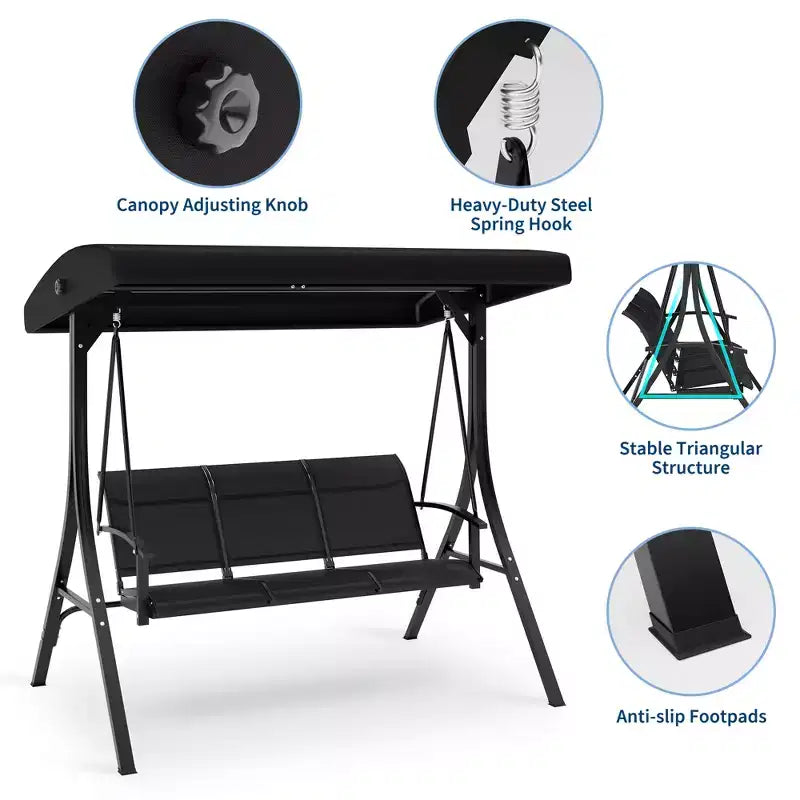 Outdoor Swing Chair with Adjustable Canopy, 3-Person Outdoor Patio SwingChair with Adjustable Tilt Shade, Porch Swing 3 Seater with Canopy