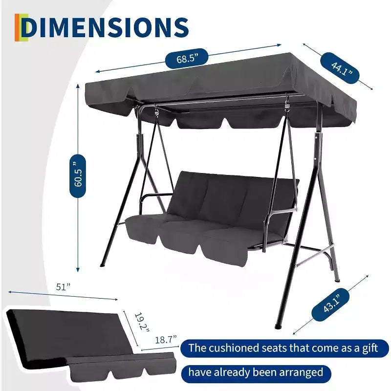 Outdoor Swing Chair with Adjustable Canopy, 3-Person Outdoor Patio SwingChair with Adjustable Tilt Shade, Porch Swing 3 Seater with Canopy