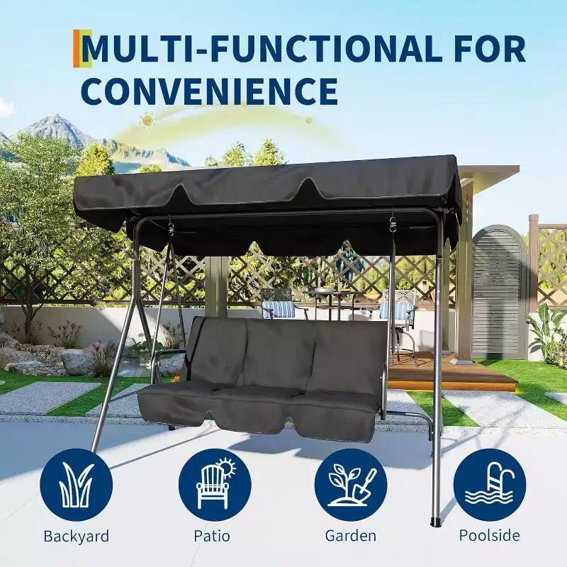 Outdoor Swing Chair with Adjustable Canopy, 3-Person Outdoor Patio SwingChair with Adjustable Tilt Shade, Porch Swing 3 Seater with Canopy