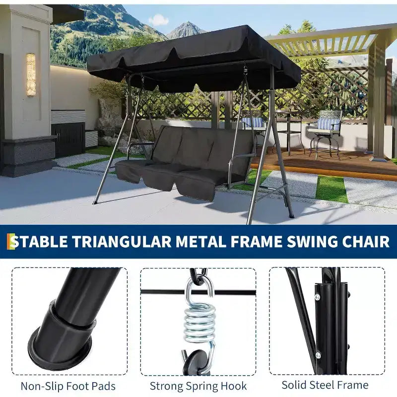 Outdoor Swing Chair with Adjustable Canopy, 3-Person Outdoor Patio SwingChair with Adjustable Tilt Shade, Porch Swing 3 Seater with Canopy