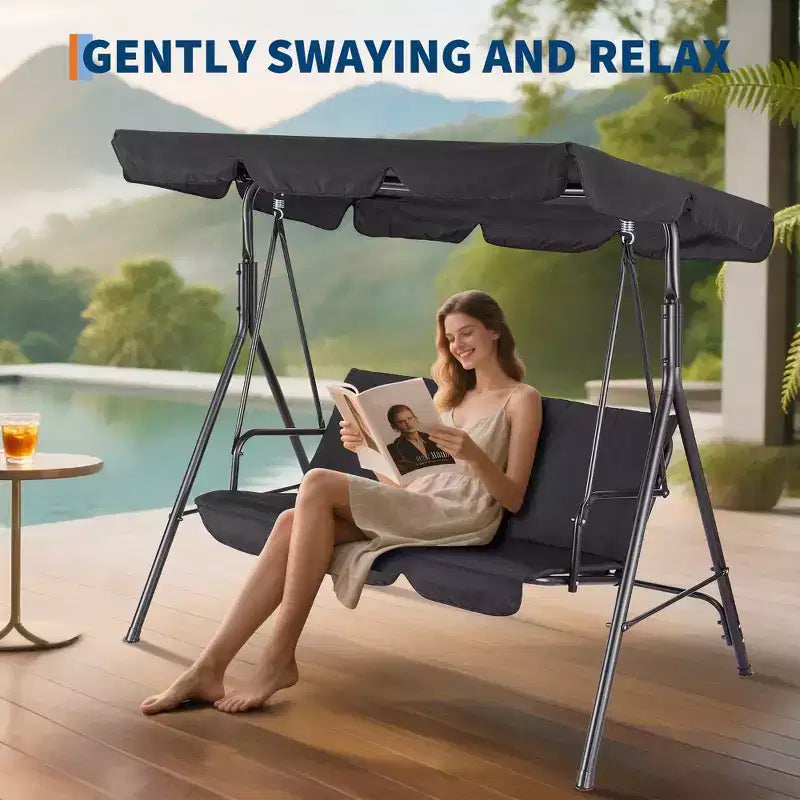 Outdoor Swing Chair with Adjustable Canopy, 3-Person Outdoor Patio SwingChair with Adjustable Tilt Shade, Porch Swing 3 Seater with Canopy