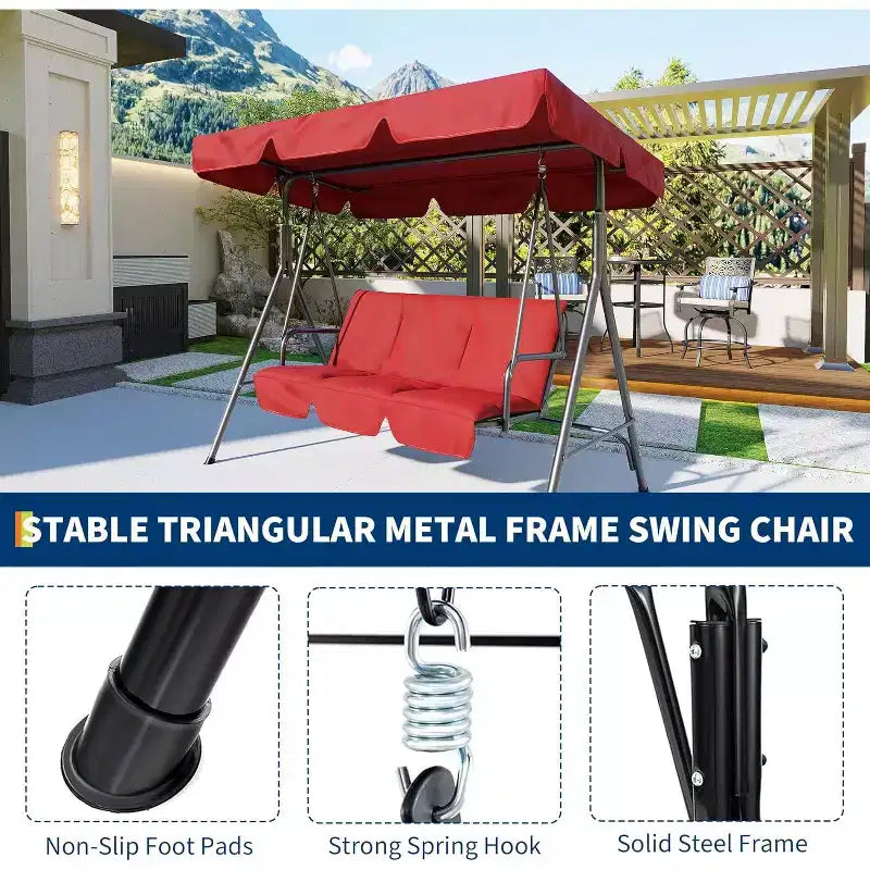Outdoor Swing Chair with Adjustable Canopy, 3-Person Outdoor Patio SwingChair with Adjustable Tilt Shade, Porch Swing 3 Seater with Canopy