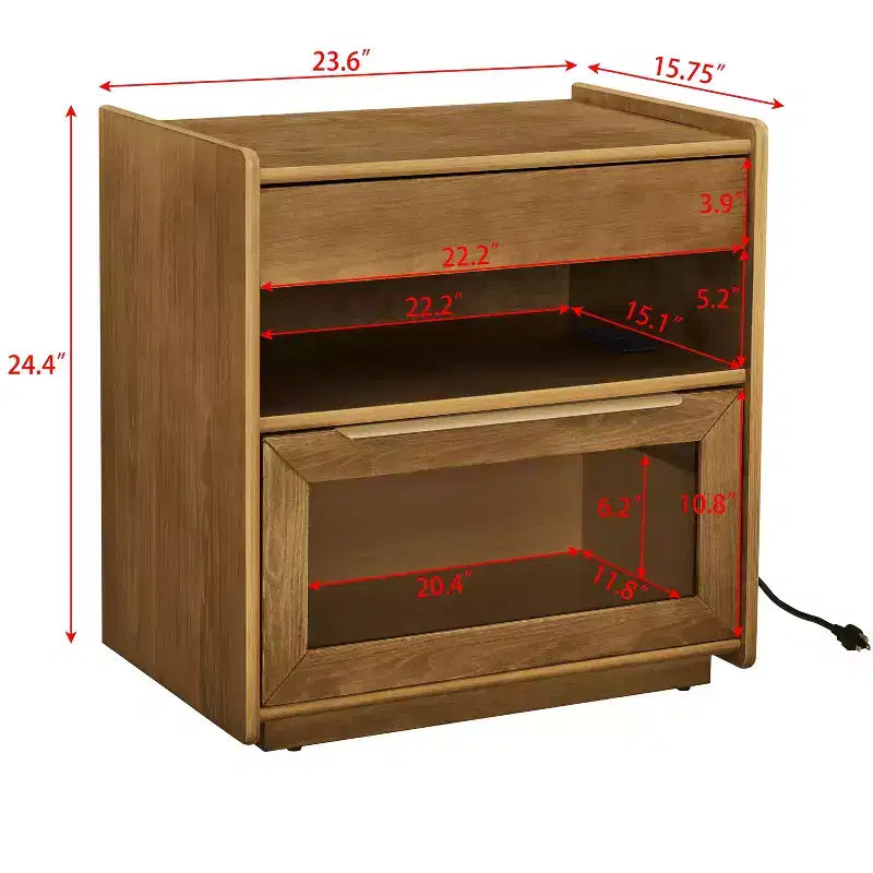 Mid-Century Modern Nightstand with Charging Station 2-Drawer Door Cabinet Fluted Design Lockable (W1801P303392)