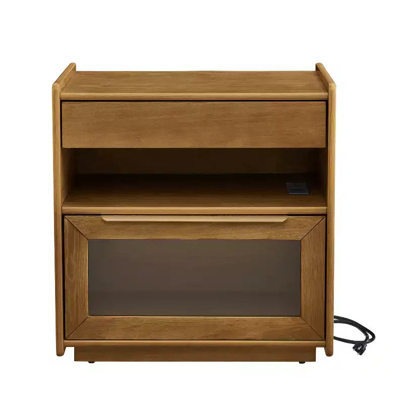 Mid-Century Modern Nightstand with Charging Station 2-Drawer Door Cabinet Fluted Design Lockable (W1801P303392)