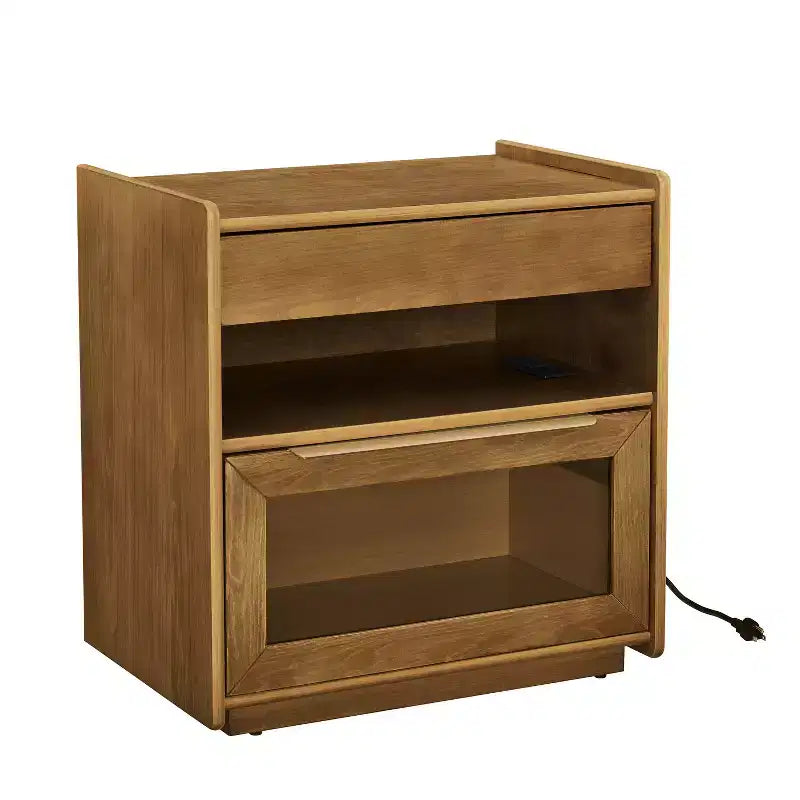 Mid-Century Modern Nightstand with Charging Station 2-Drawer Door Cabinet Fluted Design Lockable (W1801P303392)