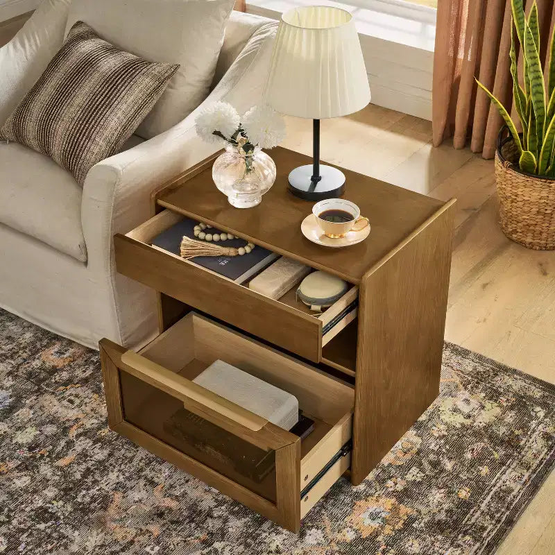 Mid-Century Modern Nightstand with Charging Station 2-Drawer Door Cabinet Fluted Design Lockable (W1801P303392)