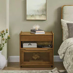Mid-Century Modern Nightstand with Charging Station 2-Drawer Door Cabinet Fluted Design Lockable (W1801P303392)