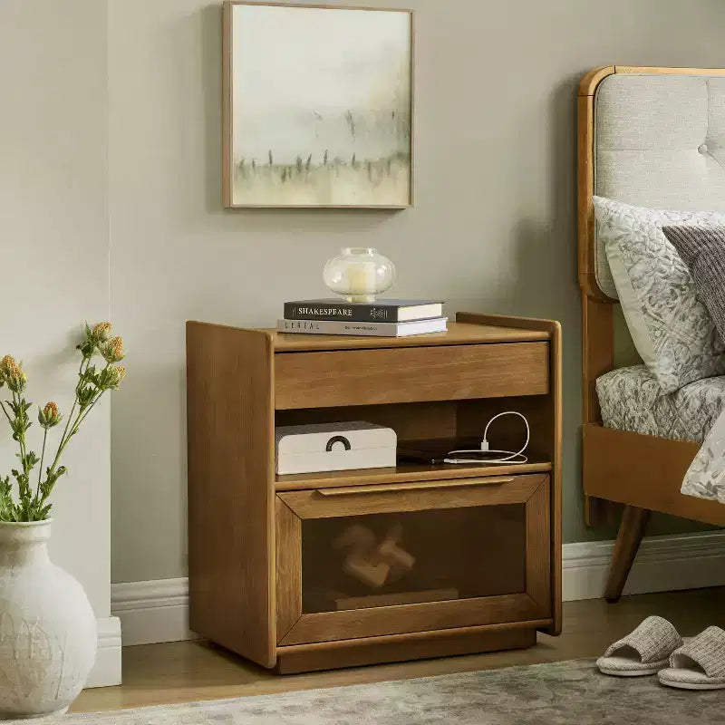 Mid-Century Modern Nightstand with Charging Station 2-Drawer Door Cabinet Fluted Design Lockable (W1801P303392)