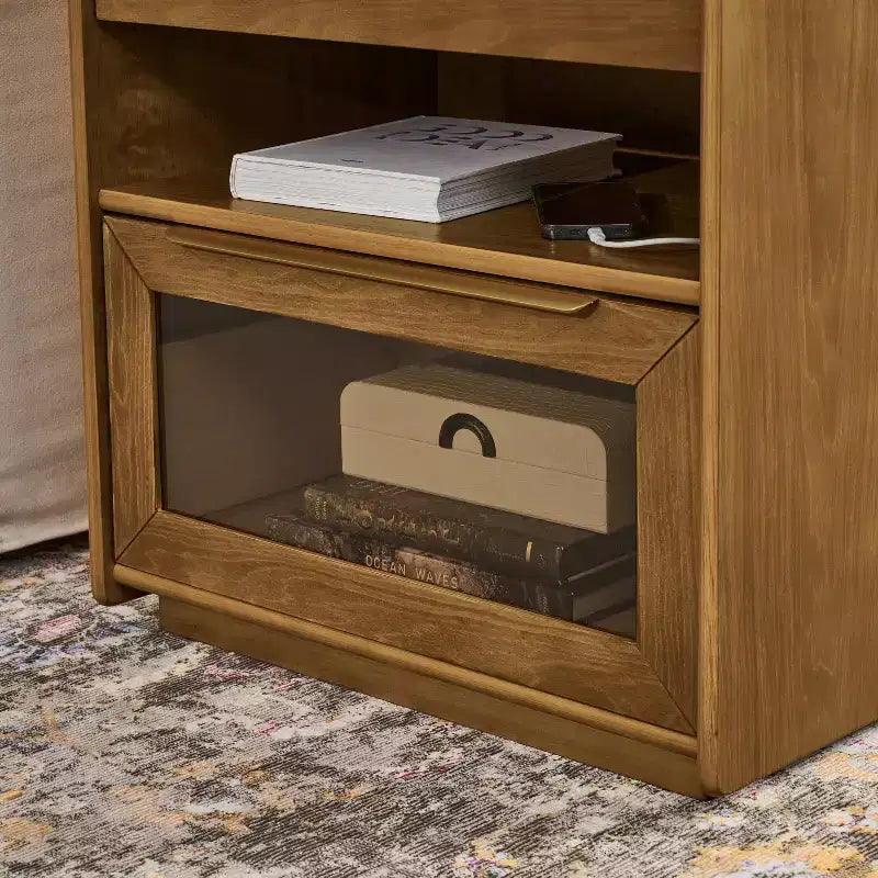 Mid-Century Modern Nightstand with Charging Station 2-Drawer Door Cabinet Fluted Design Lockable (W1801P303392)