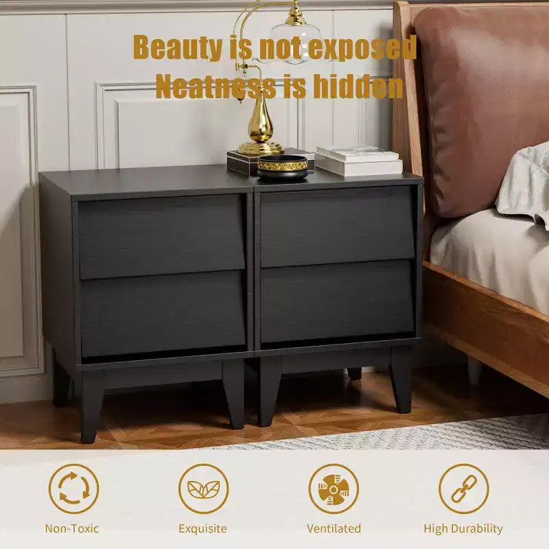 Mid-Century Modern Nightstand LED/Night Light Drawer Storage Solid Wood Set of 2 (W578P192479)