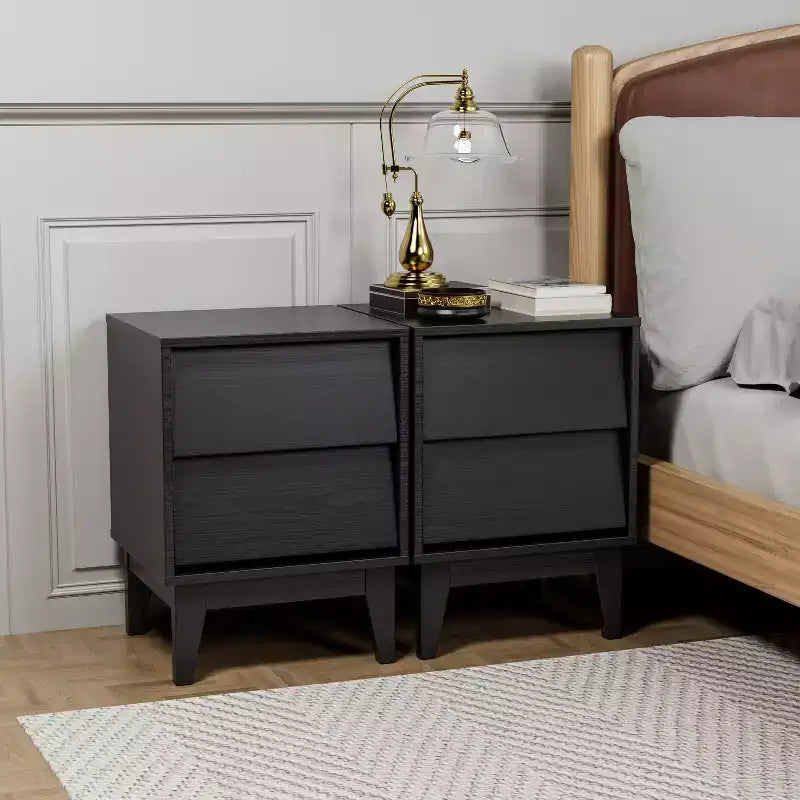 Mid-Century Modern Nightstand LED/Night Light Drawer Storage Solid Wood Set of 2 (W578P192479)