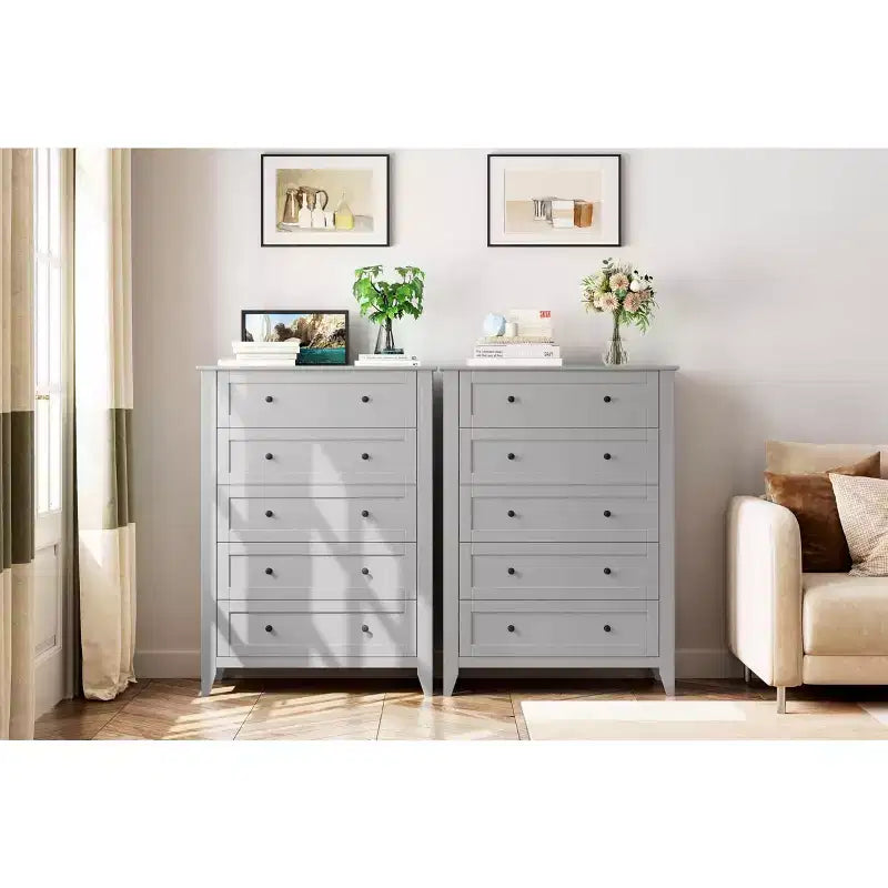 5 Drawer Dresser for Bedroom - Tall Modern Wooden Chest with Deep Drawers & Metal Knobs for Entryway Hallway
