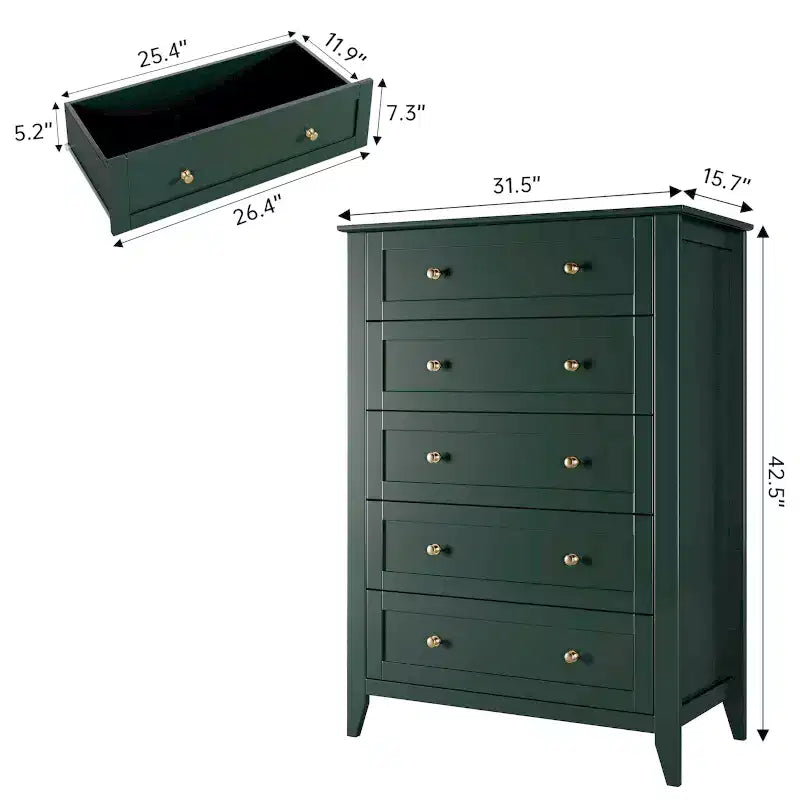 5 Drawer Dresser for Bedroom - Tall Modern Wooden Chest with Deep Drawers & Metal Knobs for Entryway Hallway