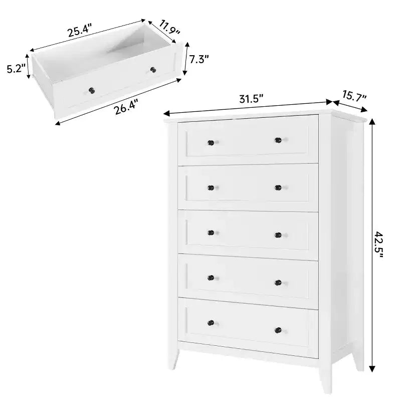 5 Drawer Dresser for Bedroom - Tall Modern Wooden Chest with Deep Drawers & Metal Knobs for Entryway Hallway