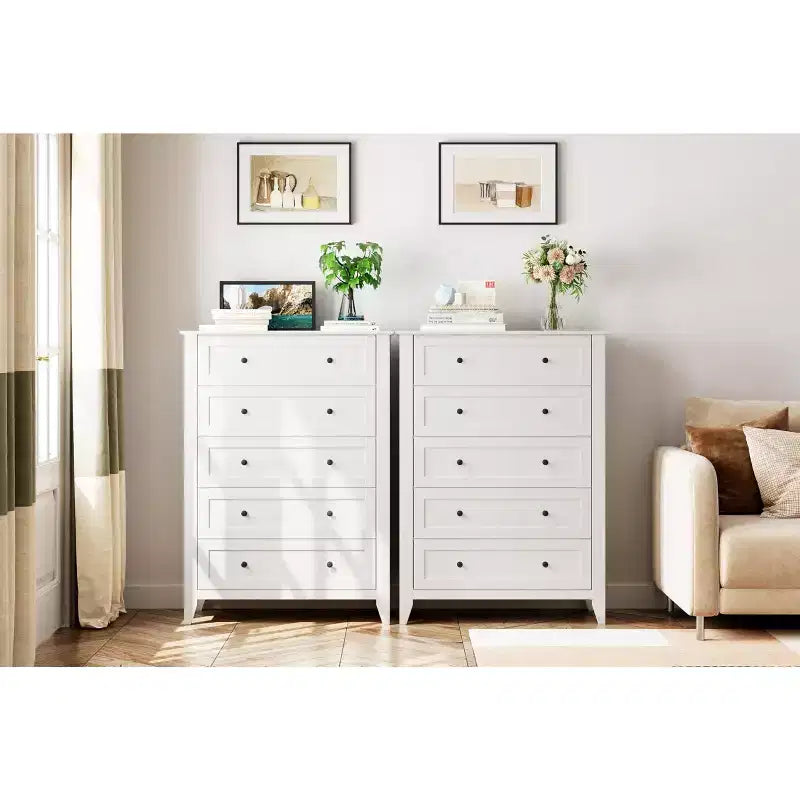 5 Drawer Dresser for Bedroom - Tall Modern Wooden Chest with Deep Drawers & Metal Knobs for Entryway Hallway