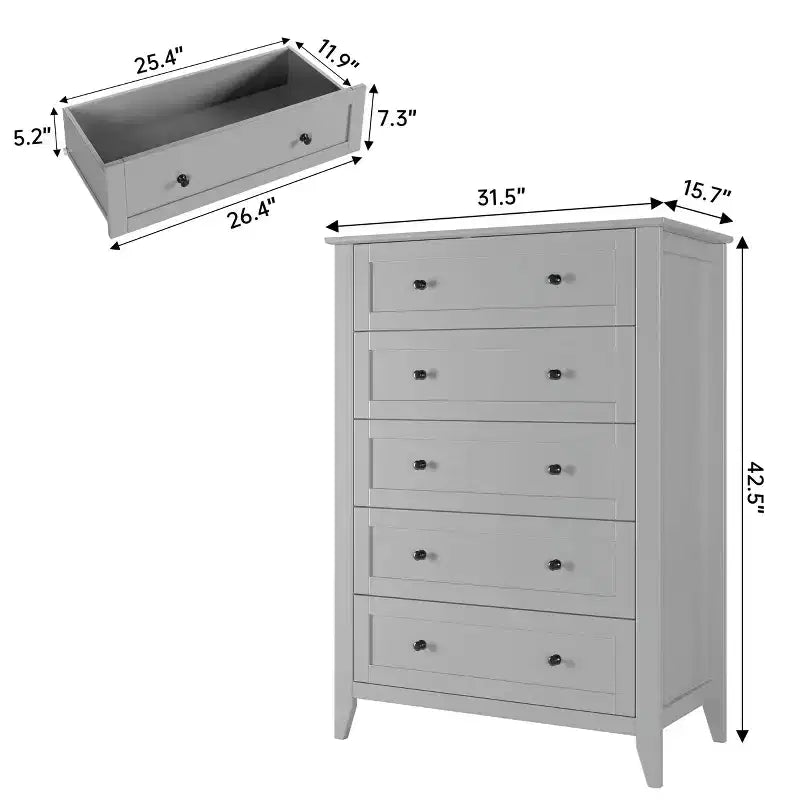 5 Drawer Dresser for Bedroom - Tall Modern Wooden Chest with Deep Drawers & Metal Knobs for Entryway Hallway