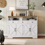 51in Farmhouse Buffet Cabinet with Charging Station, 3 Drawers & 4 Barn Doors Kitchen Storage for Dining Room Living Room, White