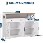 51in Farmhouse Buffet Cabinet with Charging Station, 3 Drawers & 4 Barn Doors Kitchen Storage for Dining Room Living Room, White