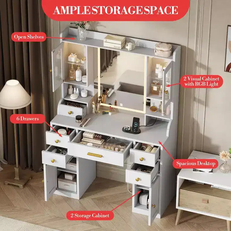 Vanity Desk with LED Mirror and Lights, Makeup Dressing Table with 2 RGB Cabinets, Outlets & 6 Drawers for Bedroom Living Room, White