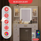 Vanity Desk with LED Mirror and Lights, Makeup Dressing Table with 2 RGB Cabinets, Outlets & 6 Drawers for Bedroom Living Room, White