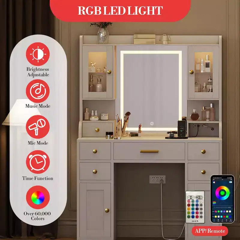 Vanity Desk with LED Mirror and Lights, Makeup Dressing Table with 2 RGB Cabinets, Outlets & 6 Drawers for Bedroom Living Room, White