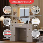 Vanity Desk with LED Mirror and Lights, Makeup Dressing Table with 2 RGB Cabinets, Outlets & 6 Drawers for Bedroom Living Room, White