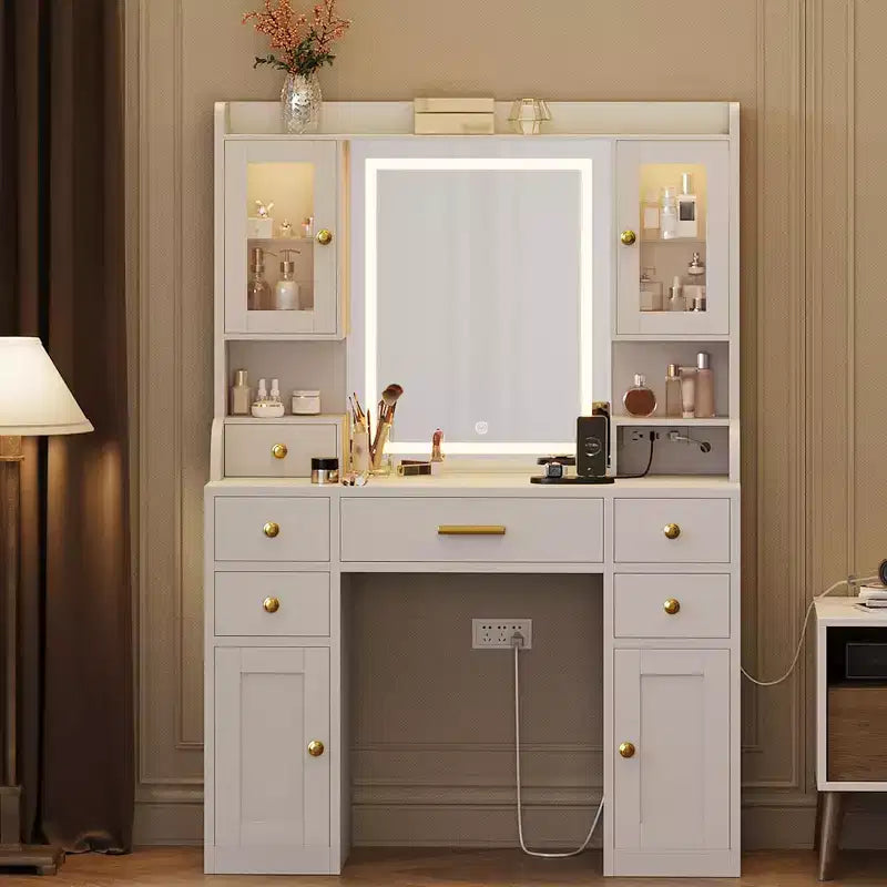 Vanity Desk with LED Mirror and Lights, Makeup Dressing Table with 2 RGB Cabinets, Outlets & 6 Drawers for Bedroom Living Room, White