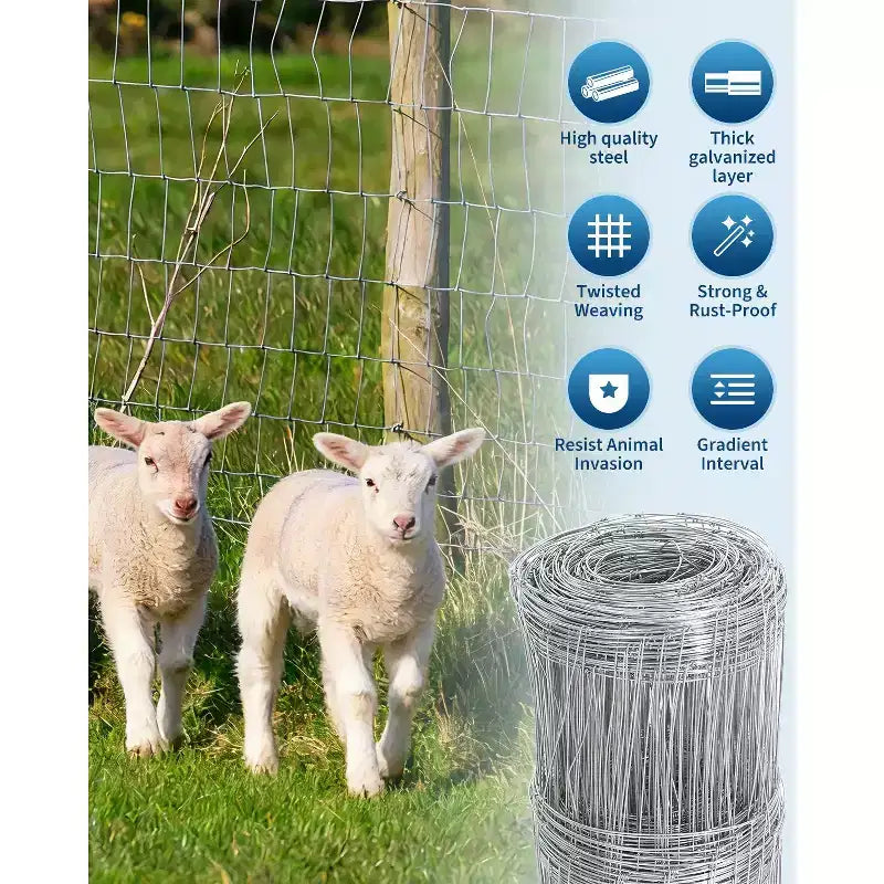 Cattle Farm Fence, Heavy Duty Galvanized Wire Fencing for Cattle, Hog, Goat, Sheep, Deer Livestock Fence, Yard Protection & Farm Animal Enclosure