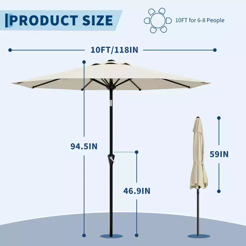 10FT Patio Umbrella with Smooth Crank Lift, Push Button Tilt and 8 Sturdy Ribs for Pool, Deck, Yard, Garden (Beige)