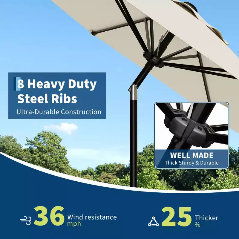 10FT Patio Umbrella with Smooth Crank Lift, Push Button Tilt and 8 Sturdy Ribs for Pool, Deck, Yard, Garden (Beige)