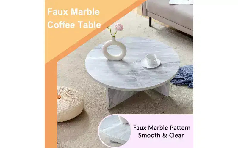 Modern Round Coffee Table, Faux Marble Top with Minimalist Nordic Design, Versatile for Living Room, Home Office, or Bedroom - White
