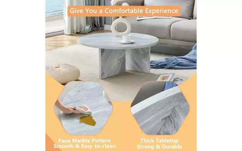 Modern Round Coffee Table, Faux Marble Top with Minimalist Nordic Design, Versatile for Living Room, Home Office, or Bedroom - White