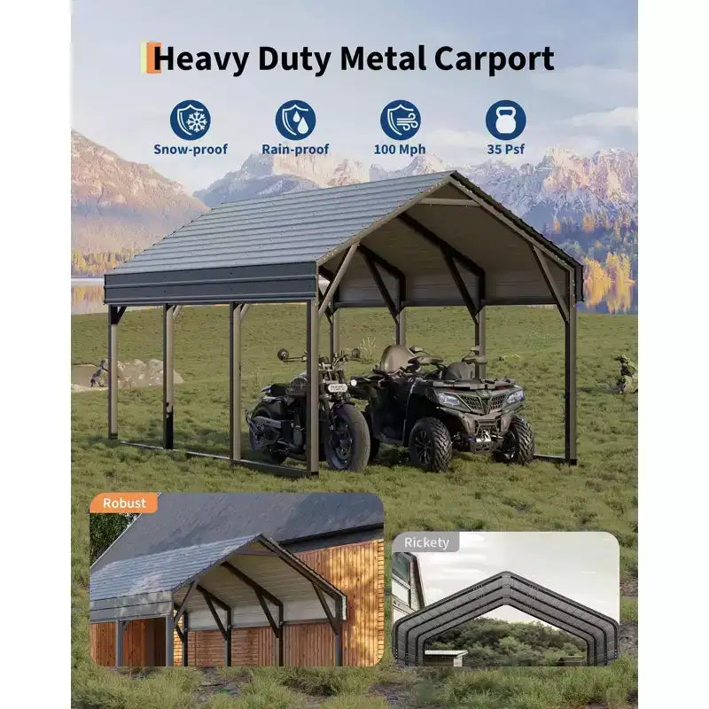 12x13 ft Metal Carport Shed, Reinforced Frame and Steel Roof for All-Weather Use, Permanent Shelter for Cars, Motorcycles, ATVs, or Boats