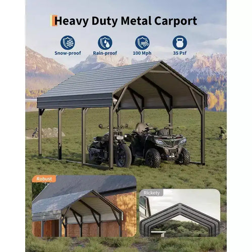12x13 ft Metal Carport Shed, Reinforced Frame and Steel Roof for All-Weather Use, Permanent Shelter for Cars, Motorcycles, ATVs, or Boats