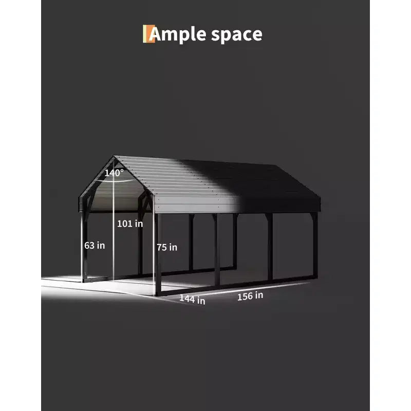 12x13 ft Metal Carport Shed, Reinforced Frame and Steel Roof for All-Weather Use, Permanent Shelter for Cars, Motorcycles, ATVs, or Boats