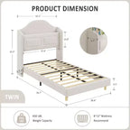Kids Twin Bed Frame with Velvet Upholstery, Wingback Headboard, LED Lights & Storage Bookcase, Princess Style Twin Bed, No Box Spring Required