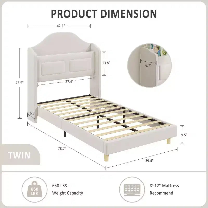 Kids Twin Bed Frame with Velvet Upholstery, Wingback Headboard, LED Lights & Storage Bookcase, Princess Style Twin Bed, No Box Spring Required