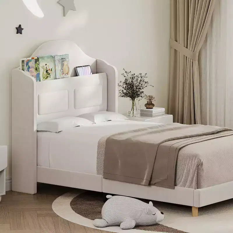 Kids Twin Bed Frame with Velvet Upholstery, Wingback Headboard, LED Lights & Storage Bookcase, Princess Style Twin Bed, No Box Spring Required