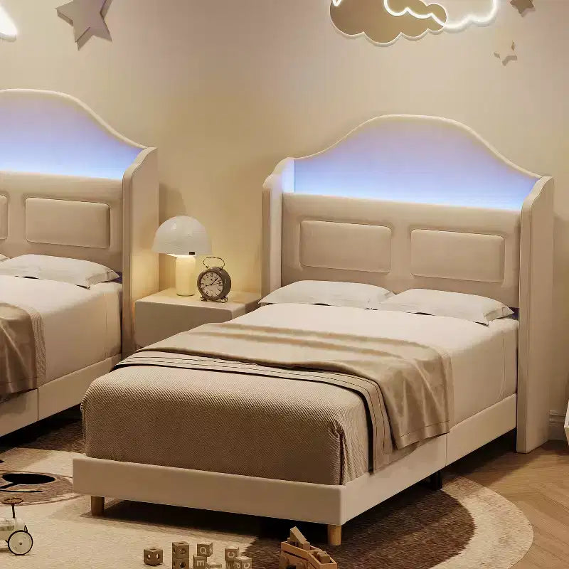 Kids Twin Bed Frame with Velvet Upholstery, Wingback Headboard, LED Lights & Storage Bookcase, Princess Style Twin Bed, No Box Spring Required