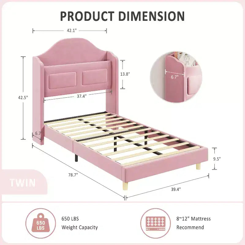 Kids Twin Bed Frame with Velvet Upholstery, Wingback Headboard, LED Lights & Storage Bookcase, Princess Style Twin Bed, No Box Spring Required