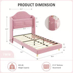 Kids Twin Bed Frame with Velvet Upholstery, Wingback Headboard, LED Lights & Storage Bookcase, Princess Style Twin Bed, No Box Spring Required