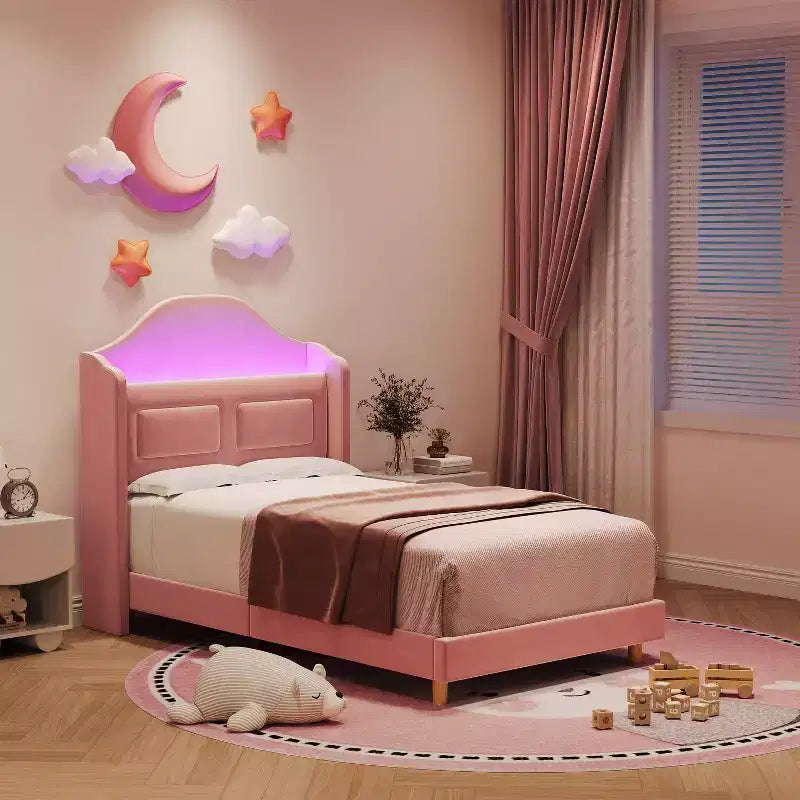 Kids Twin Bed Frame with Velvet Upholstery, Wingback Headboard, LED Lights & Storage Bookcase, Princess Style Twin Bed, No Box Spring Required
