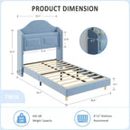Kids Twin Bed Frame with Velvet Upholstery, Wingback Headboard, LED Lights & Storage Bookcase, Princess Style Twin Bed, No Box Spring Required