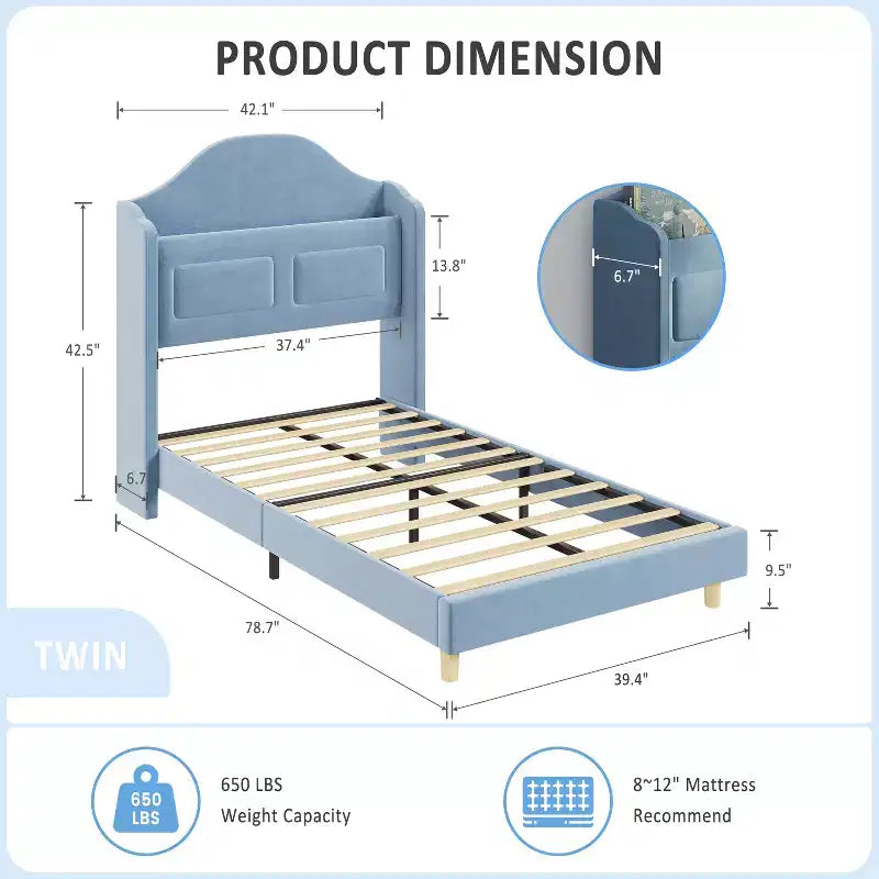 Kids Twin Bed Frame with Velvet Upholstery, Wingback Headboard, LED Lights & Storage Bookcase, Princess Style Twin Bed, No Box Spring Required