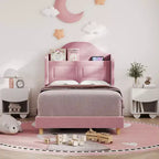 Kids Twin Bed Frame with Velvet Upholstery, Wingback Headboard, LED Lights & Storage Bookcase, Princess Style Twin Bed, No Box Spring Required