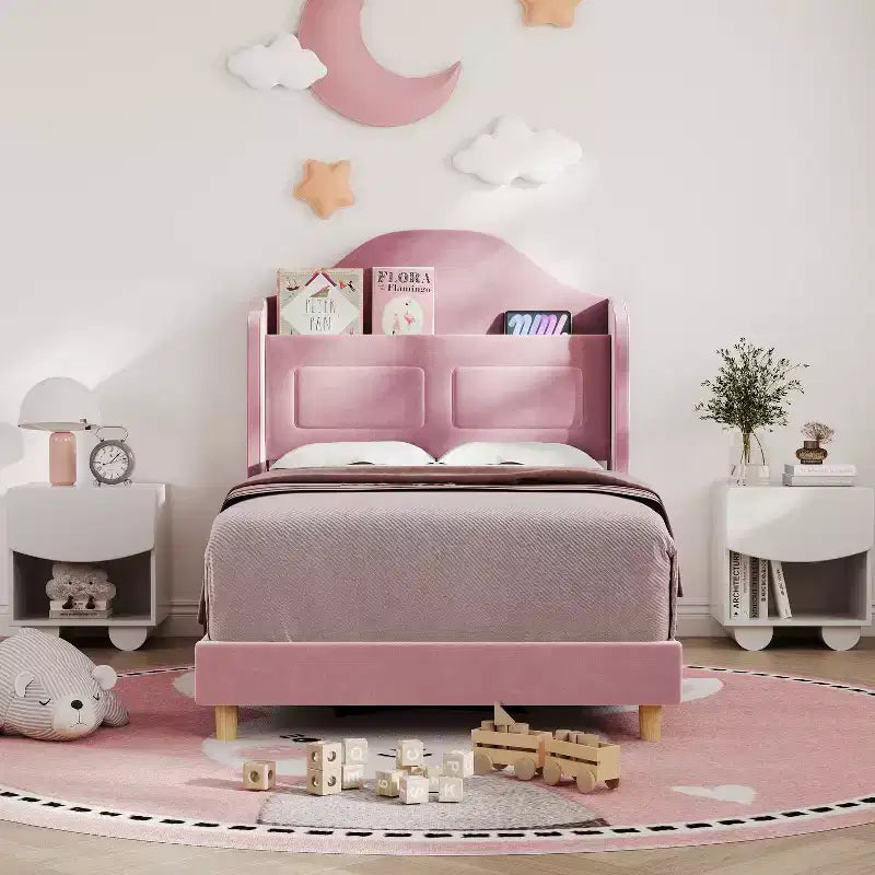 Kids Twin Bed Frame with Velvet Upholstery, Wingback Headboard, LED Lights & Storage Bookcase, Princess Style Twin Bed, No Box Spring Required