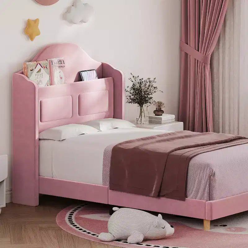 Kids Twin Bed Frame with Velvet Upholstery, Wingback Headboard, LED Lights & Storage Bookcase, Princess Style Twin Bed, No Box Spring Required